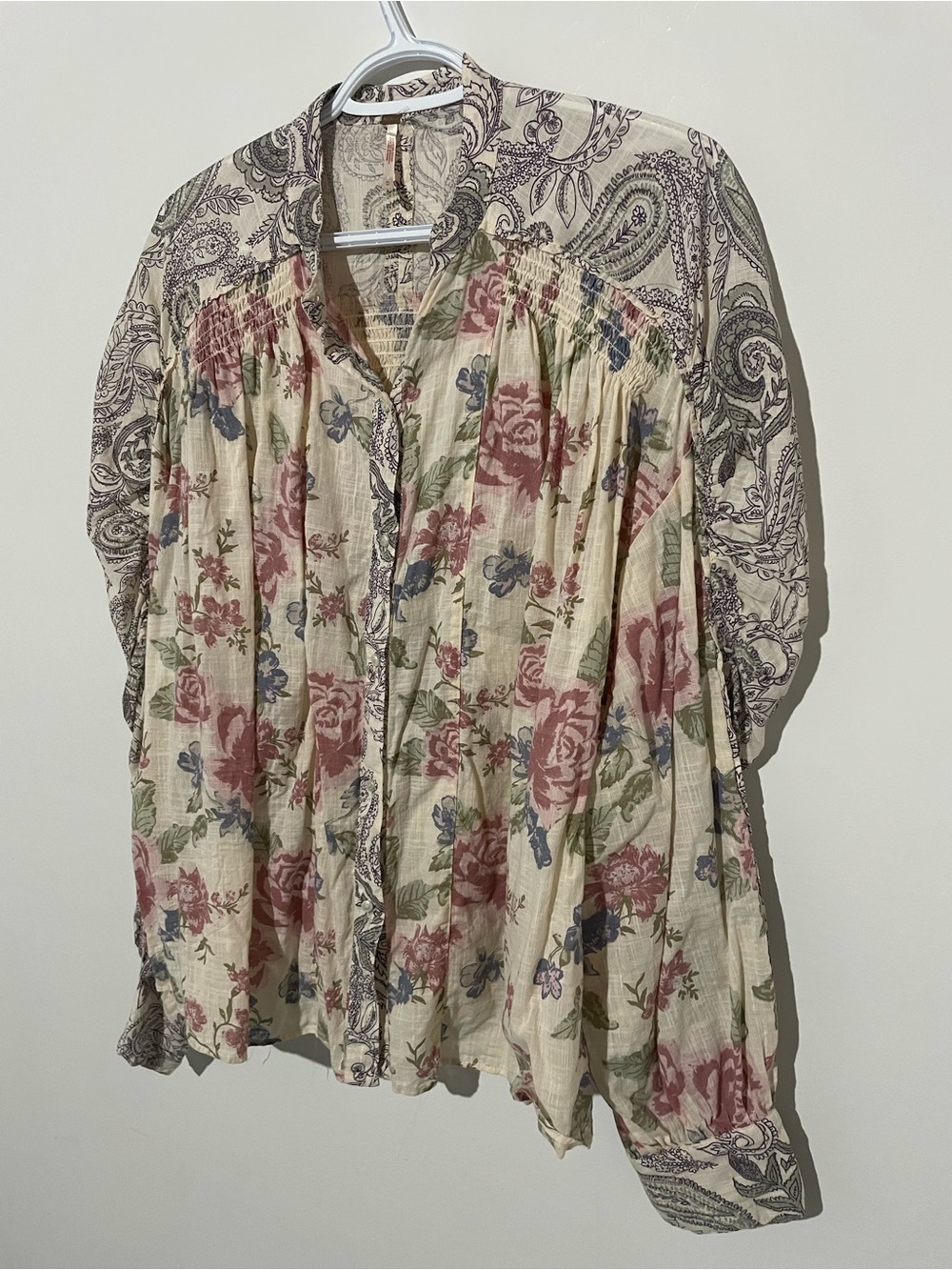Free People Floral Button-Front Blouse in Cream, Pink and Blue